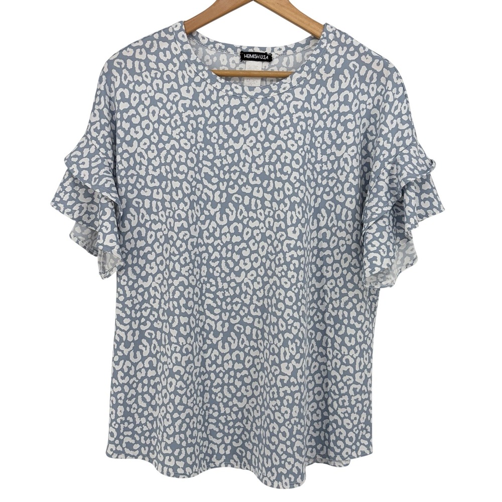 Cheetah Print Blouse Womens Tiered Ruffle Sleeve Blue Size Large Top Heimish USA